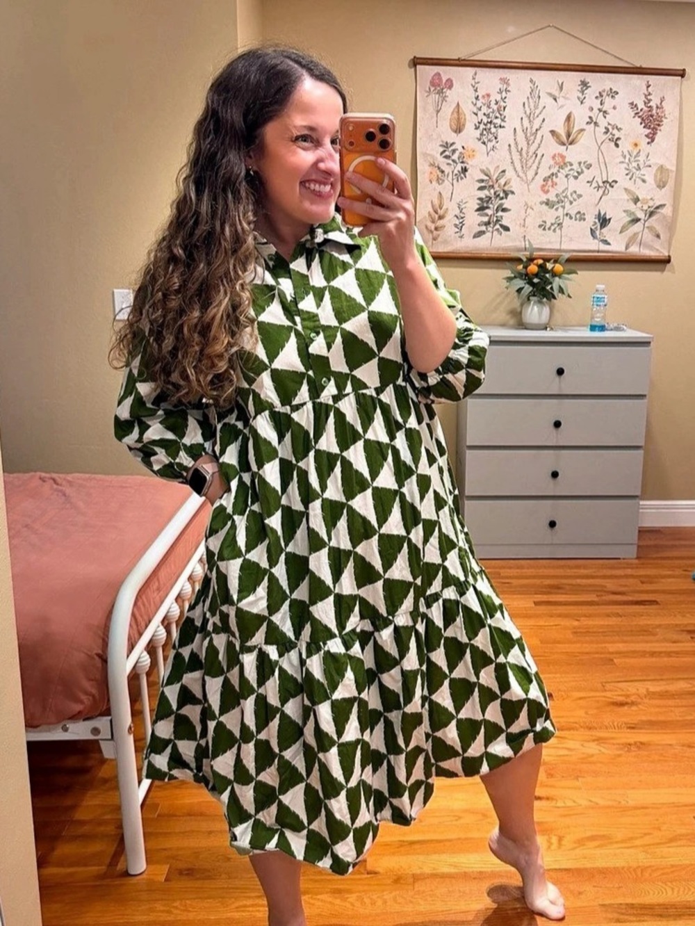 Anthropologie Maeve Bettina Geometric Cotton Midi Dress in Green & White Sz MP